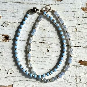 Set of 2 Faceted White Quartz, Matte Gold & Baby Blue Toned Bracelets